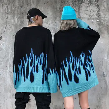 2021 naujas megztinis moterų hip-hop stiliaus liepsna žakardo moterų megztinis traf pora megztinis mezgimo viršuje laisvi vyrai džemperis