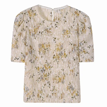 2021 Vasaros Apvalios Kaklo trumpomis Rankovėmis Marškinėliai Moterims Office Lady Gėlių Puloveris Moterų Palaidinė Elegantiškas Šifono Viršūnes Blusas Mujer 9625