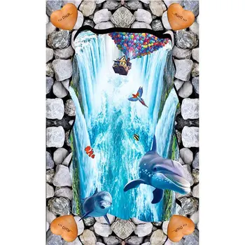 Custom 3d Grindų Lipdukai Akmens Delfinų Krioklys Realus Vandeniui Vinilo Grindų Plytelės Sienų Lipduko