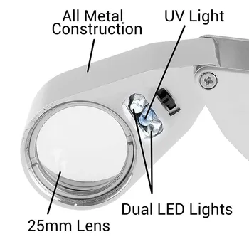 40X Apšviestas Juvelyras, LED UV Objektyvas Loupe didinamasis stiklas su Metalo Konstrukcija ir Optinių Stiklo 2021 Naujus Vaikų dovanų