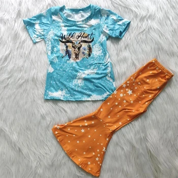 Didmeninė/mažmeninė karvė, komplektai, kūdikių mergaitės hipster blue marškinėliai+žvaigždžių flare kelnės 2 vnt rinkinys vaikams boutique vaikų drabužiai
