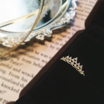 OBEAR 14 karatų tikro Aukso Apkalos korėjos Blizgios Mikro-Inkrustacijos Crystal Crown Žiedas Moterų Mados Žavesio Mažų Šviežių Papuošalai