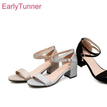 Brand New Summer Sales Sexy Black Silver Women Sandals Gladiator Chunky Heels Lady Dress Shoes EG55 Plus Big Size 10 31 45 47 52
