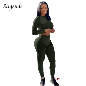 Stigende Seksuali Moteris Slim Bodycon Sporto Fitneso Tracksuit Rudenį Treniruotės Dviejų dalių Rinkinys ilgomis Rankovėmis Pasėlių Palaidinukė ir Sweatpants