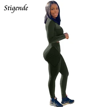 Stigende Seksuali Moteris Slim Bodycon Sporto Fitneso Tracksuit Rudenį Treniruotės Dviejų dalių Rinkinys ilgomis Rankovėmis Pasėlių Palaidinukė ir Sweatpants