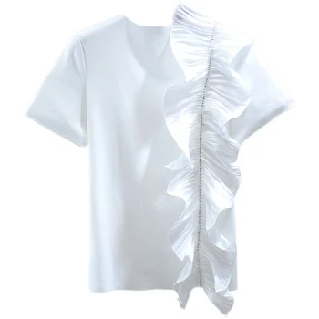 Susiėmę Plisuotos Susiuvimo Diamond T Marškinėliai Moterims 2021 M. Vasarą korėjos Stiliaus vientisa Spalva Atsitiktinis Trumpas Rankovės Viršūnių Ruožas