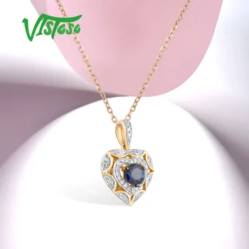 VISTOSO Originali 14 KARATŲ Geltonojo Aukso Pakabukas Moteris Blizga Diamond Blue Sapphire Išskirtinį Širdies Karoliai Pakabukas Dovana Fine Jewelry