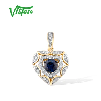 VISTOSO Originali 14 KARATŲ Geltonojo Aukso Pakabukas Moteris Blizga Diamond Blue Sapphire Išskirtinį Širdies Karoliai Pakabukas Dovana Fine Jewelry