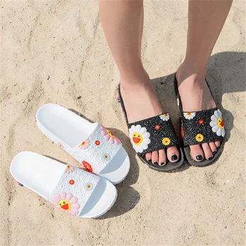Moterys Vasarą Šlepetės Mielas Gėlių Ponios Minkštas Skaidres batai Moteriška Gėlių Spausdinti Bling Atsitiktinis Paplūdimio Sandalai