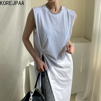 Korejpaa Moterų Suknelė 2021 M. Vasarą Korėjos Elegantiškos Ponios Paprasta Apvali Kaklo Pusėje Twist Dizaino Prarasti Vientisa Spalva Padalinta T-Shirt Vestidos