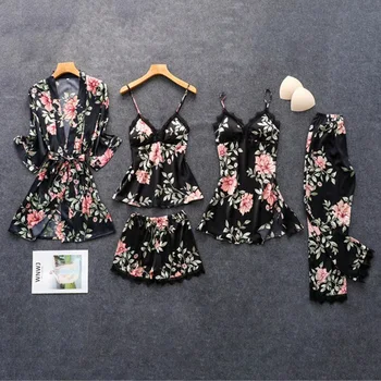 Moterų Atlasas Vestuvių Sleepwear Tiktų Pavasarį Nėrinių Apdaila Pajama Pyjama Print Gėlių Naktiniai Drabužiai Atsitiktinis Namų Drabužiai, Apatinis Trikotažas Kostiumas