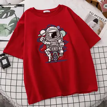 Dviračių Astronautas Kosmose Žmogus, Print T Marškinėliai Moteriški Prarasti Kelionę Streetwear Juokinga O-Kaklo Drabužių Mados Patogūs Marškinėliai Moterims