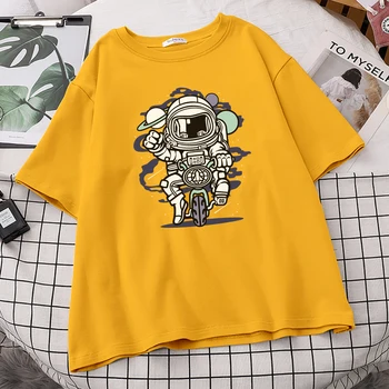 Dviračių Astronautas Kosmose Žmogus, Print T Marškinėliai Moteriški Prarasti Kelionę Streetwear Juokinga O-Kaklo Drabužių Mados Patogūs Marškinėliai Moterims