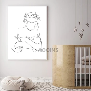 Nėštumo metu Motina ir Kūdikis Minimal Art Linijos Piešimo, Tapybos Drobės Juoda Balta Minimalistinio Plakatas Spaudinių Darželio Sienų Apdaila