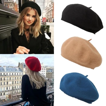 Moterų, mergaičių, beretė prancūzų menininkas šiltu vilnos žiemos beanie skrybėlių skrybėlę retro paprasto beretė skrybėlę vientisos spalvos elegantiškas ponios pavasario kepurės