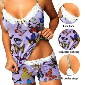 Moterų Pižama Rinkinys Sexy Sleepwear Set Top + Shorts Satino Pižamos Moterims Lace V-Neck Pyjama Skraiste Moterų Cami