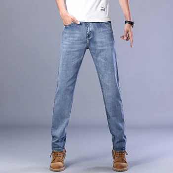 2021 m. pavasario ir vasaros klasikinis siuvinėjimo prekės lengvas, minkštas ir patogus medvilnės ruožas straight džinsus, šviesiai mėlyna 28-42