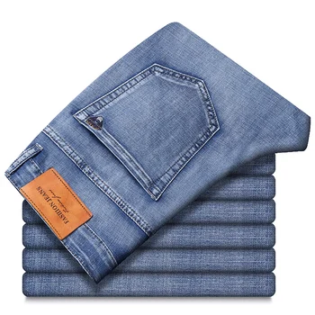 2021 m. pavasario ir vasaros klasikinis siuvinėjimo prekės lengvas, minkštas ir patogus medvilnės ruožas straight džinsus, šviesiai mėlyna 28-42