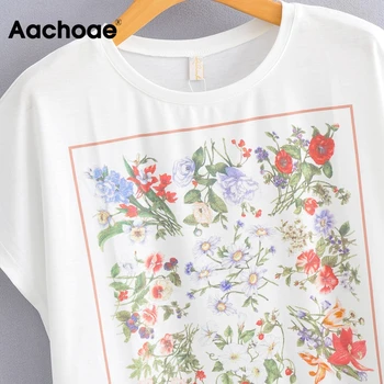 Aachoae 2021 Moterims Gėlių Atspausdintas O Neck T Shirt Vasaros Ponios Trumpas Rankovės Medvilnės Marškinėliai Atsitiktinis Gatvės Dėvėti Baltos Viršūnės