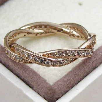 Originalus Rose Gold Nutiesti Meilė Amžina Pintas Su Crystal Žiedą, Moterims 925 Sterling Žiedas Vestuvių Dovana Europoje Papuošalai