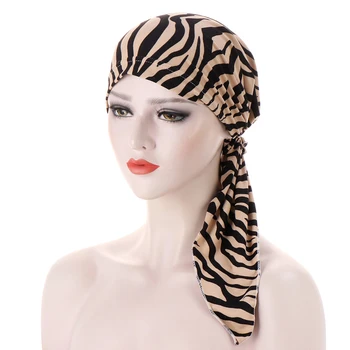 Musulmonų Moterys Spausdinti Hijabs Skrybėlės Turbaną Galvos Skara Chemo Vėžio Bžūp Lenktas Gėlių Dvi-uodega Turbaną Skrybėlę Zebra Modelio Megztinis Skrybėlę