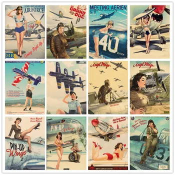 Puikus JL II Pasaulinio Karo Orlaivių ir Grožio mergina, Namų Retro Plakato Kraft Piešimo core Sienų lipdukai FJMV01
