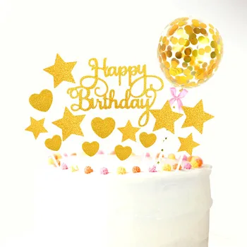 Rose Aukso Happy Birthday Cake Toppers Nustato Širdies Žvaigždučių Konfeti Balionai Cupcake Rėžtuvės Vaikams Suaugusiųjų Gimtadienio Tortas Dekoro