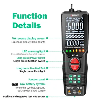 Automatinis Skaitmeninis 6000 Skaičiuoja Profesinės Multimetras Temp Ohm Hz Detektorius Įrankis elektrinės sienų Auto Svyruoja AC/DC Voltmeter Žibintuvėlis