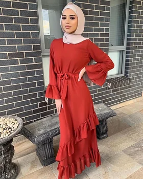 Ponios Drabužiai 2021 M. Vasarą nauju Moterų Suknelė turkų Musulmonų Lotus Lapų Sudūrimų ilgomis rankovėmis vientisa Spalva Paprastas Ilgas Sijonas WE56