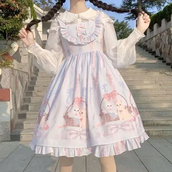 Saldus lolita dirželis suknelė vintage bowknot mielas spausdinimo aukšto juosmens princesės viktorijos suknelė kawaii girl gothic lolita jsk loli