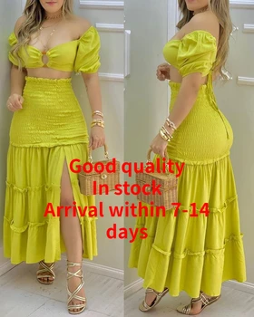 2021 naujas vasaros sijonas kostiumas ilgas sijonas ilgomis rankovėmis aukštos juosmens temperamentas priemiestinių ilgai medvilnės geltona kostiumas suknelės moterims