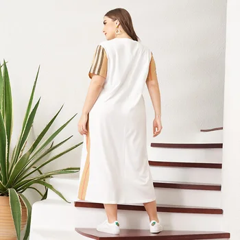 2021 Naujas Vasaros Moterų Suknelė Plius Dydžio Baltos spalvos Kratinys Vertikaliai Dryžuotas O-kaklo Didelio Dydžio Prarasti Trumpas Rankovės Atsitiktinis 