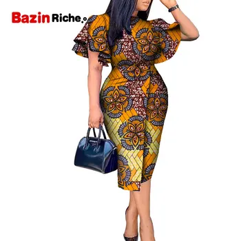 Afrikos Moterų Drabužių Vaškas Spausdinti Kitenge Dizaino Drugelis Rankovėmis Suknelė WY8313