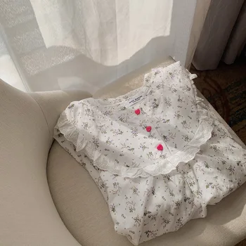 Sluoksniuotos rankovėmis pižamą moterų homewear suknelė gėlių spausdinti raukiniai mielas krepo sleepwear mergina nightdress vasaros sleepdress Y454