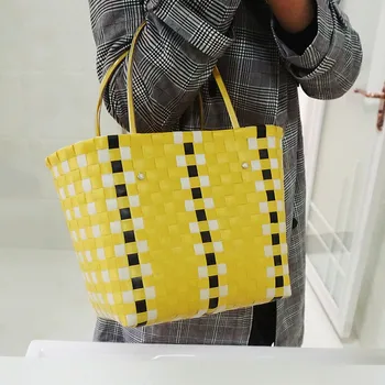 Plastikiniai Mezgimo pirkinių Maišeliai Mix Spalva bakalėjos krepšys Virtuvės ekologinio draugiškas Moterų Shoppper Krepšiai Organizatorius handtas rankena viršuje