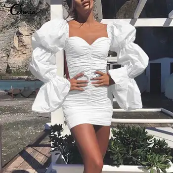 Celmia 2021 Mados Sluoksniuotos Rankovėmis Elegantiška Mini Suknelė Moterims Seksualus Aikštėje Apykaklės Slim Sundress Vasaros Stora Plisuotos Šalies Vestidos
