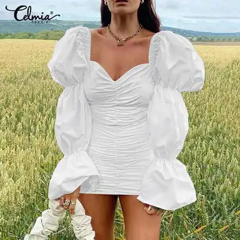 Celmia 2021 Mados Sluoksniuotos Rankovėmis Elegantiška Mini Suknelė Moterims Seksualus Aikštėje Apykaklės Slim Sundress Vasaros Stora Plisuotos Šalies Vestidos