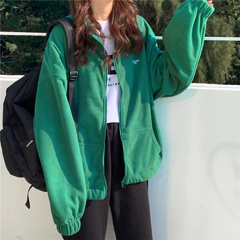 Zip-up Hoodie Moterų Prarasti Plius Aksomo Palaidinukė Kišenės Laišką Atsitiktinis Negabaritinių Harajuku Streetwear Moterų Viršūnių Drabužius Madinga
