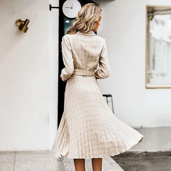 Naujų 2020 m. Derliaus plisuotos diržo pledas suknelė moterims, Elegantiška biuro ponios švarkas suknelės ilgomis rankovėmis moteriška rudens midi šalis suknelė