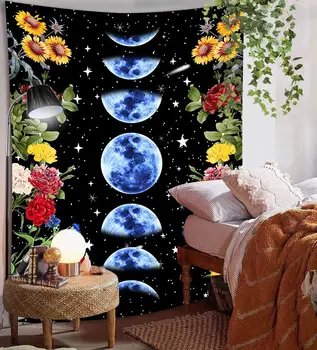 Bohemijos Mėnulis Gėlių Siuvinėjimas Mandalos Sienos Audinio Sienos Kabo Medžiaga Hipių Tapiz Siena Antklodė Boho Apdailos Namų Dekoro
