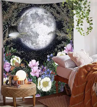 Bohemijos Mėnulis Gėlių Siuvinėjimas Mandalos Sienos Audinio Sienos Kabo Medžiaga Hipių Tapiz Siena Antklodė Boho Apdailos Namų Dekoro