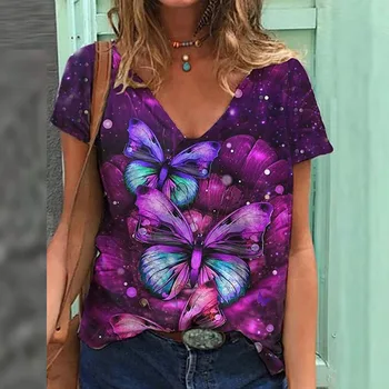 Moterų Vasaros Mados Drugelis Spausdinti Trumpas Rankovės Grafinis T Marškinėliai Medvilnės Plius Dydis Viršūnes XS-5XS