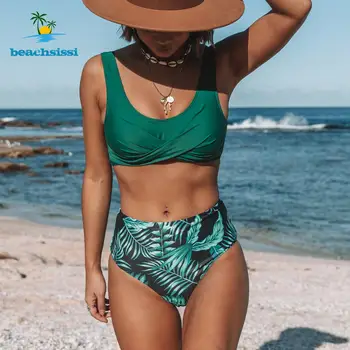 2021 Naujas Beachsissi Lapų Spausdinimo Twist Priekiniai High Waisted Bikini Nustatyti Moterų Vasara Dviejų Dalių Maudymosi Mergina Paplūdimio Maudymosi Kostiumai