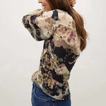Šifono palaidinė su ilgomis rankovėmis gėlių spausdinti marškinėliai ilgomis rankovėmis elegantiškas marškinėliai viršų