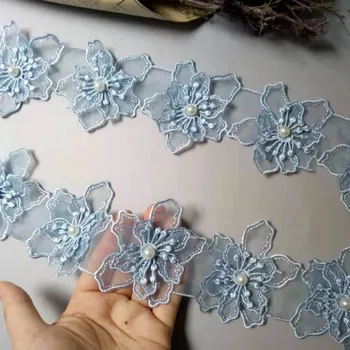 10vnt/daug Blue Pearl Gėlių Organza Siuvinėjimo Audinys Pleistras Nėrinių Apdaila Drabužius 3D ornamento formavimas Gėlių Vestuvių Suknelė 