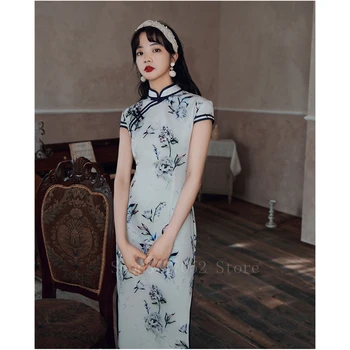 Rytų Moterys Qipao Suknelė Tradicinės Kinų Apranga Slim Stiliaus Padalinta Cheongsams Elegantiška Moteriška Gėlių Spausdinti Šilko Vestido