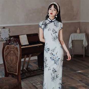 Rytų Moterys Qipao Suknelė Tradicinės Kinų Apranga Slim Stiliaus Padalinta Cheongsams Elegantiška Moteriška Gėlių Spausdinti Šilko Vestido