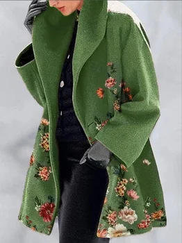 2021 karšto pardavimo slim-fit vilnoniai paltai žalia apykakle temperamentas kolegijos spausdinti atvartas kailis žiemos drabužių moterims