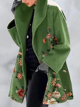 2021 karšto pardavimo slim-fit vilnoniai paltai žalia apykakle temperamentas kolegijos spausdinti atvartas kailis žiemos drabužių moterims