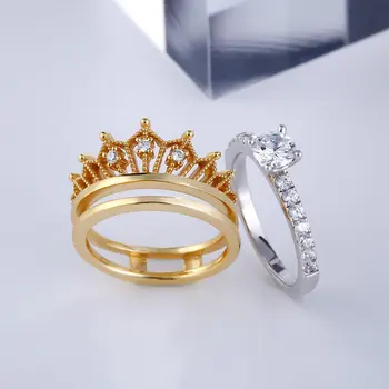 Mados Karalienės Aukso Sidabro Spalvos Vestuvinių Žiedų Rinkinys Moterims Karalienės Karūna Crystal Vestuvinis Žiedas Valentino Dienos Dovanos Papuošalai